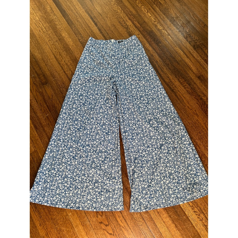 SHEIN Blue White Floral Ditsy Print Wide Leg Palazzo Pants High Waist Size Small